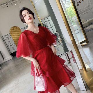 Elbow-sleeve Midi Layered Cocktail Dress