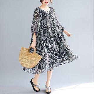 3/4-sleeve Printed Midi Chiffon Dress As Shown In Figure - One Size