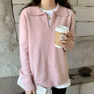 V-neck Zip Plain Knit Sweater