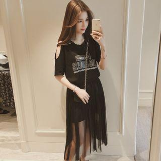 Set: Lettering Cut Out Shoulder Elbow Sleeve T-shirt Dress + Mesh Midi Skirt