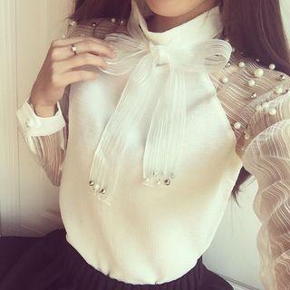 Faux Pearl Mesh Panel Blouse