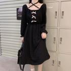 Lace Trim Bow Midi A-line Dress Black - One Size