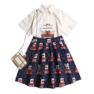 Set: Short-sleeve Printed Shirt + Pleated A-line Skirt