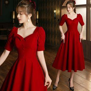Square Neck Short Sleeve Midi A-line Cocktail Dress
