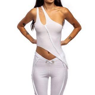 Set: Plain One-shoulder Cut-out Tank Top + Plain High Waist Skinny Pants