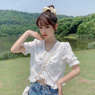 Puff-sleeve Floral Drawstring Top