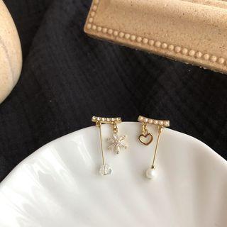 Non-matching 925 Sterling Silver Faux Pearl Flower & Heart Dangle Earring