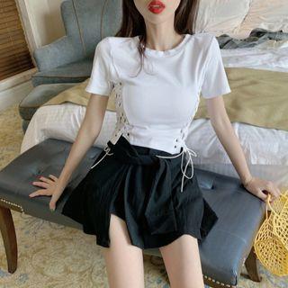 Short-sleeve Lace-up Crop T-shirt / Tie-waist Culottes