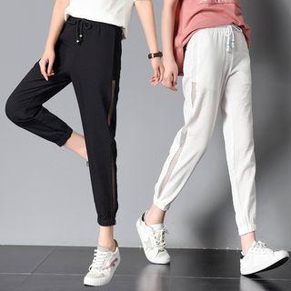 Drawstring Mesh Panel Harem Pants