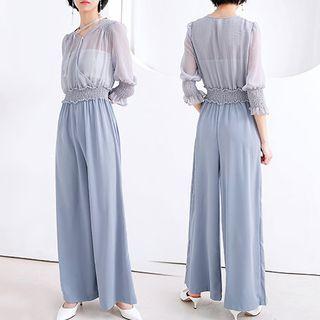 3/4 Sleeve Chiffon Wide Leg Jumpsuit