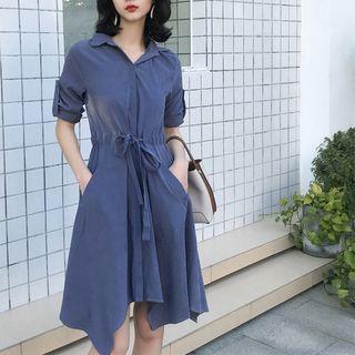 Drawstring-waist Asymmetric Shirtdress