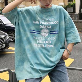 Lettering Elbow-sleeve T-shirt Blue - One Size