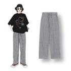 Checked Drawstring Straight-fit Pants Black - One Size
