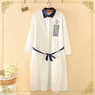 Long-sleeve Striped Pocket Midi Shirt Dress White - One Size