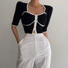 Elbow-sleeve Contrast Trim Cropped T-shirt