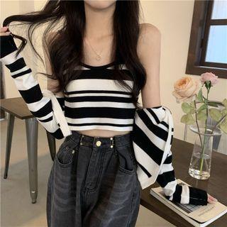 Set: Striped Camisole Top + Cardigan Set Of 2 - Camisole Top & Cardigan - Stripe - Black & White - One Size