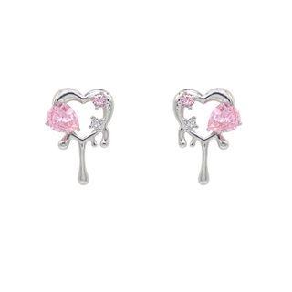 Heart Rhinestone Alloy Earring 1 Pair - Silver Needle Earring - Pinkish Purple Rhinestone - Silver - One Size