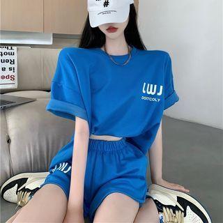 Set: Elbow-sleeve Lettering Cutout T-shirt + Shorts Set Of 2 - T-shirt & Shorts - Blue - One Size