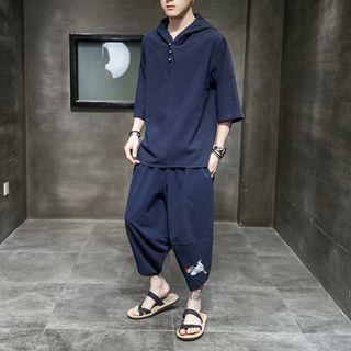 Set: Cap-sleeve Hooded T-shirt + Cropped Wide Leg Pants