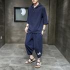 Set: Cap-sleeve Hooded T-shirt + Cropped Wide Leg Pants