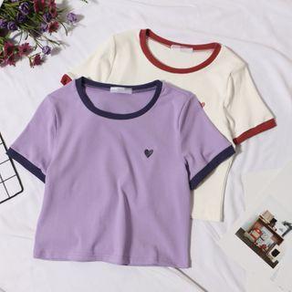 Heart Embroidered Short-sleeve Cropped Ringer T-shirt