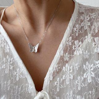 925 Sterling Silver Butterfly Pendant Layered Choker 925 Silver - Silver - One Size