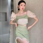 Puff-sleeve Lace Panel Top / Fringed Mini Pencil Skirt