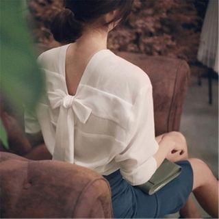 Ribbon 3/4-sleeve Chiffon Blouse
