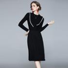 Long-sleeve Knit Frill Trim Midi A-line Dress