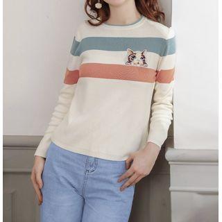 Long-sleeve Striped Cat Embroidered Knit Top