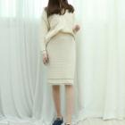 Set: Stitch Detail V-neck Knit Top + Band-waist Knit Pencil Skirt