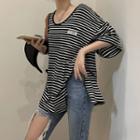 Elbow-sleeve Striped Oversized T-shirt Stripes - Black & White - One Size