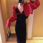 Cropped Denim Jacket / Spaghetti Strap V-neck Sheath Knit Dress