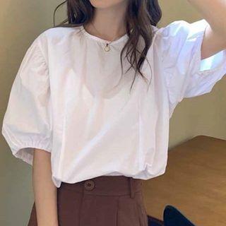 Puff-sleeve Round-neck Plain Shirt