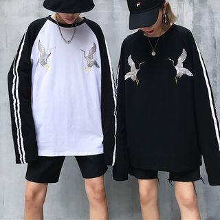 Long-sleeve Crane Embroidered T-shirt