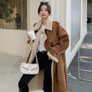 Furry Collar Double Breasted Faux Suede Coat