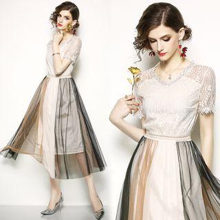 Color Panel Lace Short Sleeve Midi Dress