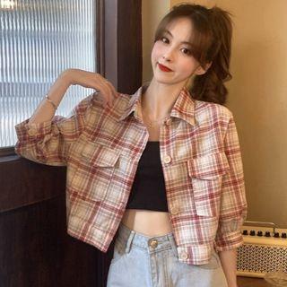 3/4-sleeve Plaid Cargo Shirt