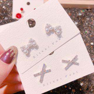 Faux Pearl Bow / Rhinestone Cross Earring