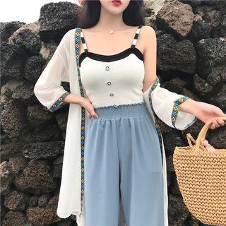 Color Block Camisole Top / Cropped Wide-leg Pants / Open-front Long Jacket