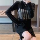 Set: Mock Neck Knit Dress + Sleeveless Patterned Knit Top