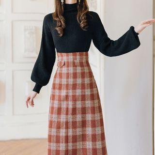 Set: Puff-sleeve Mock-neck Knit Top + Plaid High-waist Midi Skirt
