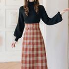 Set: Puff-sleeve Mock-neck Knit Top + Plaid High-waist Midi Skirt