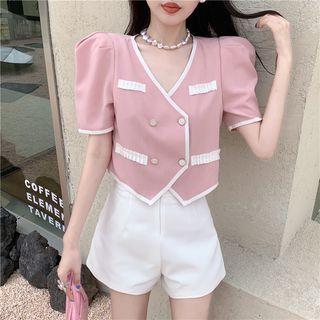 Short-sleeve V-neck Double-breasted Blouse