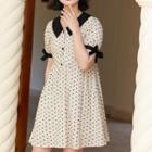 Puff-sleeve Collar Patterned Mini A-line Dress