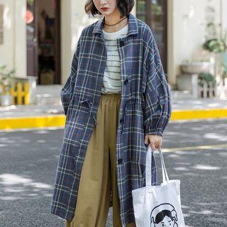 Long Plaid Buttoned Trench Coat Purplish Blue - One Size