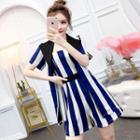 Set: Striped Sleeveless Playsuit + Short-sleeve Open Front Tie Waist Jacket