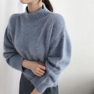 Semi Turtle-neck Plain Long-sleeve Knitted Sweater