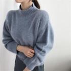 Semi Turtle-neck Plain Long-sleeve Knitted Sweater