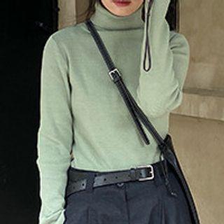 Long-sleeve Turtleneck Top Light Green - One Size